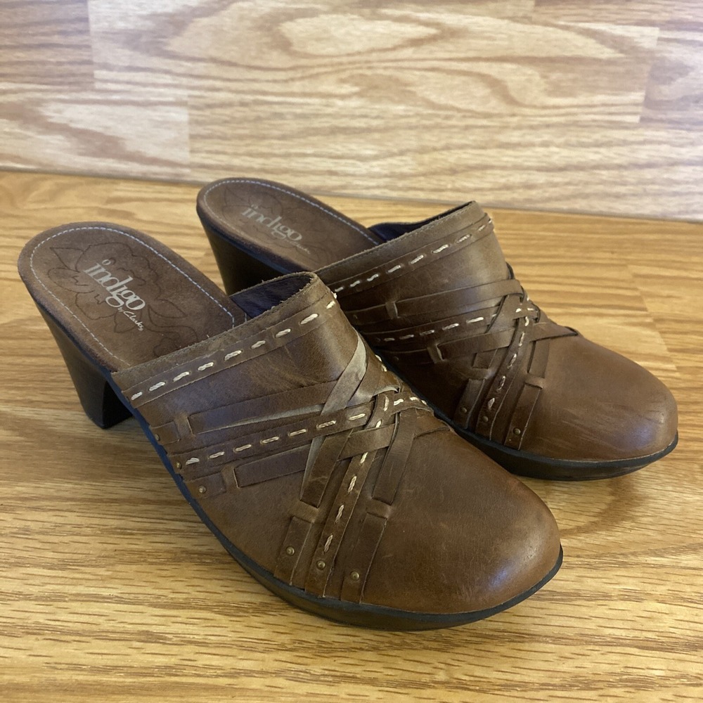 Indigo by Clark's Leather Clogs Mules- Brown Women's Size 8.5 M Leather Clarks